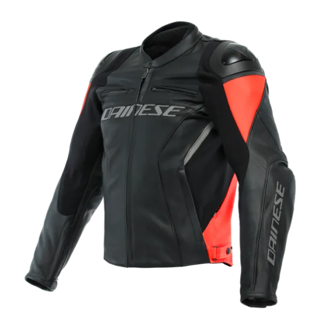 Giubbotto Racing 4 Pelle Nero Rosso Fluo